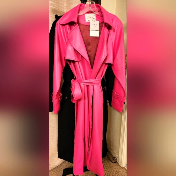 HOT PINK Faux Leather Trench Coat. NEW sz Small - Picture 5 of 10